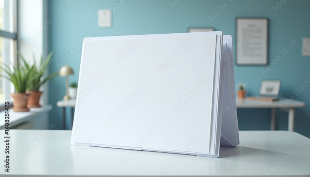Aufkleber blank display stand presented in a modern office setting