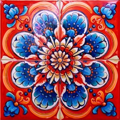 Vibrant Floral Mexican Ceramic Tile Art with Bold Colors and Unique Design. AI Generated