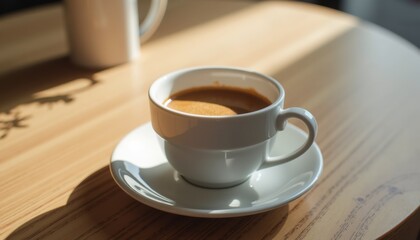 Obraz premium Coffee cup on wooden table in warm sunlight 