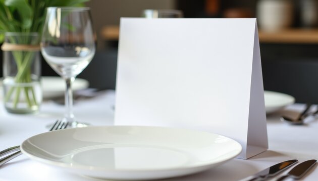 Elegant dining table setup with blank card on plate  