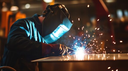 Sheet metal fabricator welding stainless steel panels for an industrial project. Featuring sparks and accuracy