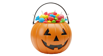Fototapeta premium scary pumpkin bucket isolated on transparent background, trick or treat bucket isolated on transparent background, halloween treat bucket isolated on transparent background