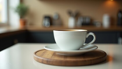 Coffee cup on a wooden tray in a modern kitchen setting -  