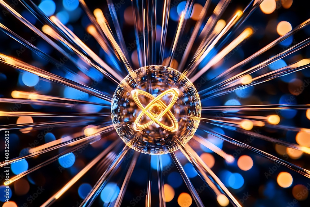 Poster glowing atomic structure abstract background with dynamic energy rays