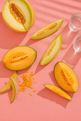 aesthetic top view photo of fresh melon or cantalope isolated on pink background