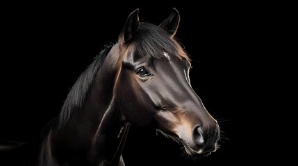 Obraz premium Black Horse Portrait Isolated On Dark Background With Wet Skin Details And Focused Eyes