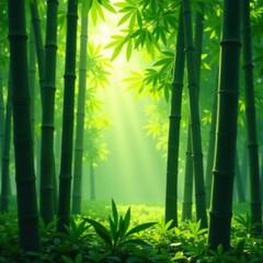 Obraz premium Dense bamboo stalks, dappled sunlight filtering through leaves, photography, ecology