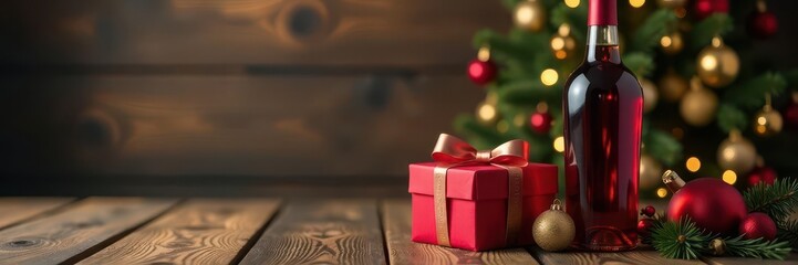 Elegant wine bottle, wrapped present, wooden surface, Christmas theme , xmas, festive