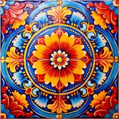 Ornate Mexican tile artwork, traditional Talavera style with radial floral symmetry, vibrant pattern. AI Generated