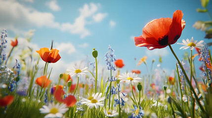 Fototapeta premium Vibrant meadow flowers bloom under a summer sky.