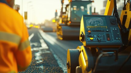 Fototapeta premium Road paver operating asphalt smoothing machinery on a highway. Featuring expertise and precision