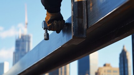 Structural ironworker positioning steel beams with a spud wrench. Featuring balance and strength