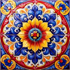 Ornate Mexican tile artwork, traditional Talavera style with radial floral symmetry, vibrant pattern. AI Generated