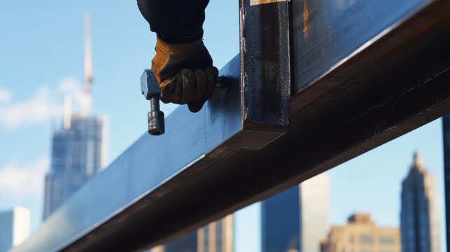 Structural ironworker positioning steel beams with a spud wrench. Featuring balance and strength