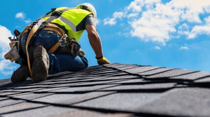 Roofer securing shingles on a residential construction project. Featuring craftsmanship and durability