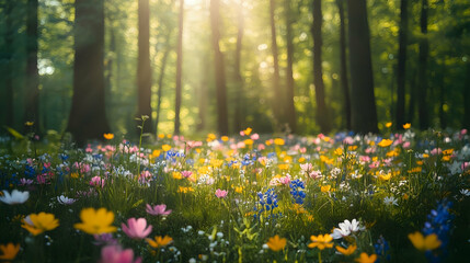 Obraz premium Sunlight streams through a forest, illuminating a vibrant field of wildflowers.