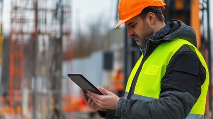 Safety officer conducting site inspection with a tablet. Featuring workplace security and regulation