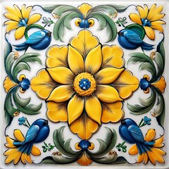 Intricate Mexican Floral Design with Yellow Flowers and Blue Birds Patterns. AI Generated