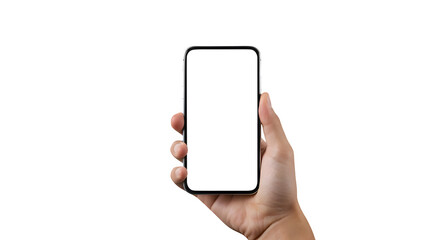 mobile phone in hand, man holding smartphone on white isolated background
