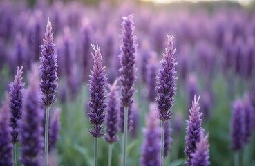 Obraz premium Close-up view of lavender flowers in field. Purple blossoms on green stems. Perovskia purpurea Russian sage blooms, botanical beauty, floral design. Sunny weather in park. Nature, gardening, floral