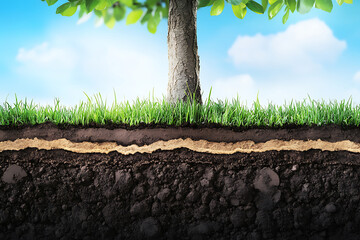 Fototapeta premium A tree's trunk rises from grassy ground revealing soil layers beneath against a bright blue sky and scattered clouds.