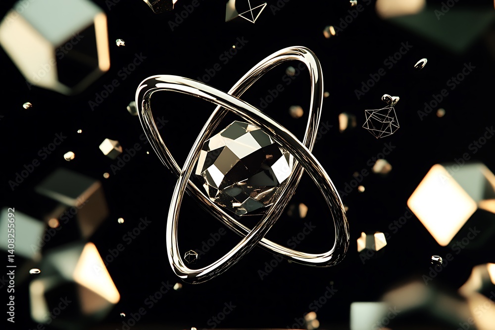 Poster abstract 3d rendering of a glowing atom with metallic particles orbiting in a dark background