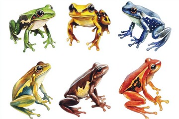 Naklejka premium Watercolor illustration of six colorful frogs in different poses on a white background art design