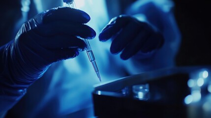 Scientist carefully transferring liquid samples in a sterile lab. Featuring accuracy and innovation
