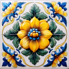 Intricate Mexican Floral Design with Yellow Flowers and Blue Birds Patterns. AI Generated