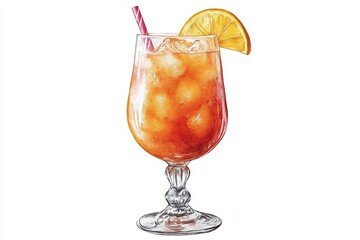A refreshing cocktail with ice and orange slice in a glass with a straw on white background