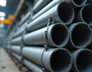 Stack of steel pipes in warehouse. Industrial background of metal pipes, plumbing and construction. Steel tubes stored in factory ready for installation or sale.