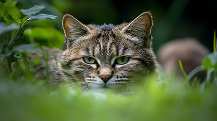 A wildcat lying in the sun on a rock, its eyes closed as it enjoys a warm, tranquil moment.