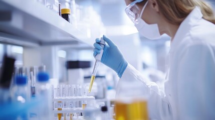 Scientist pipetting a liquid sample into a test tube inside a bright laboratory. Featuring precision and research