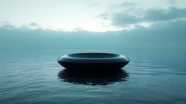 A dark circular platform floats serenely on calm water beneath a hazy sky suggesting a peaceful otherworldly environment.