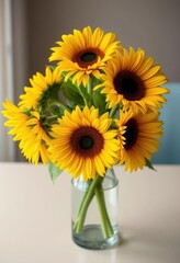 Fototapeta premium Vibrant yellow sunflowers in a clear glass vase, garden fresh, bright yellow, bouquet, yellow flowers