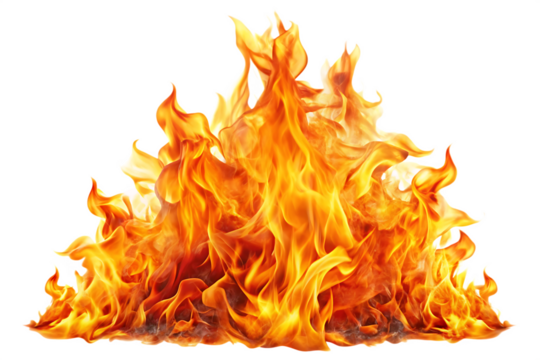 Bright and dynamic fire flames, isolated on white background PNG