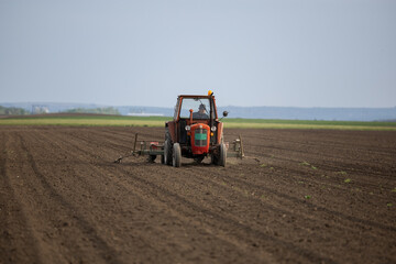 Obraz premium Farmer with tractor seeding in sunset