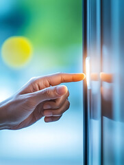 Naklejka premium Finger pressing a sleek modern elevator button with a soft glow hinting at an innovative seamless experience.