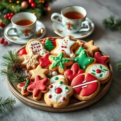 Obraz premium A festive platter of assorted Christmas cookies, accompanied by delicate teacups and saucers, Christmas dessert, delicious, sweets