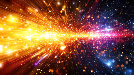 Fototapeta premium A burst of vibrant light explodes from a central point transitioning from warm orange tones to cool blues and purples like a cosmic collision.