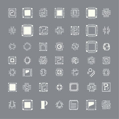 Fototapeta premium Microchip and Circuit Board Icon Set - 49 Tech-Inspired Vector Designs for Digital and Electronics Themes