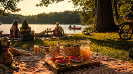 Obraz premium Lakeside picnic at sunset. Friends relax by the water with food and a dog. Peaceful evening scene