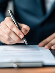 Close-up of a person in a suit signing a document with a pen suggesting business contract or agreement.