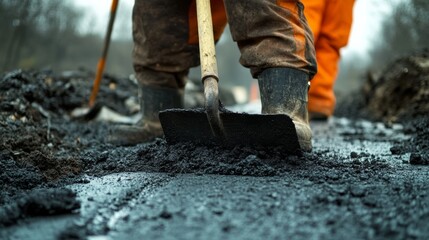 Naklejka premium Road worker repairing a section of pavement. Featuring efficiency and focus