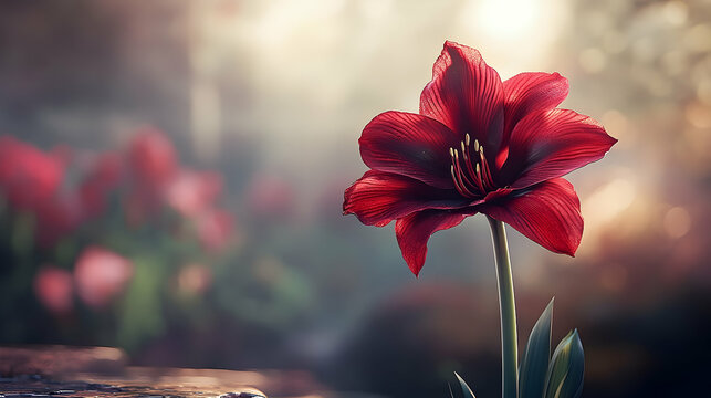 Radiant crimson amaryllis in soft, dappled light.