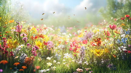 Fototapeta premium Vibrant meadow bursts with colorful flowers and buzzing bees.
