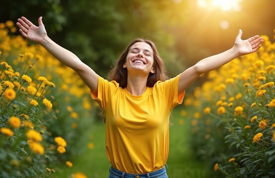 Happy woman smiling with arms raised in nature. Joyful girl feeling alive, breathing clean air in a sunny garden filled with yellow flowers. Freedom, happiness, spring vibes.