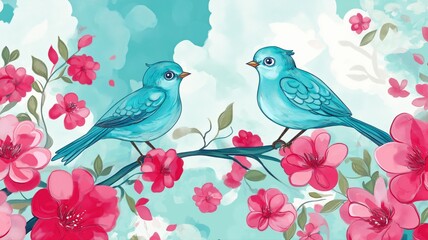 beautiful blue robin birds, love birds on a branch art