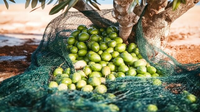 Freshly picked olives accumulating on a net under an olive tree