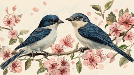 beautiful blue robin birds, love birds on a branch art